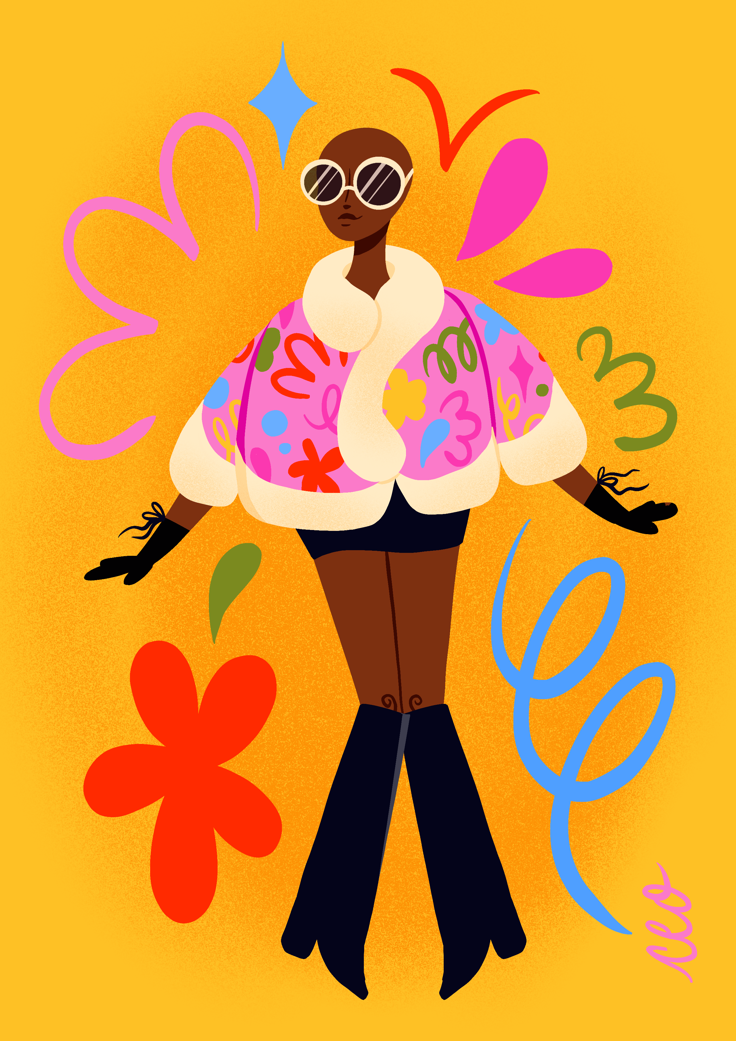 Typographic poster featuring the phrase 'Wild & free' in wavy hand-drawn lettering. The ampersand is exaggerated and white white the letters are red and pink with fun doodle stars, swirls and lines surrounding the composition