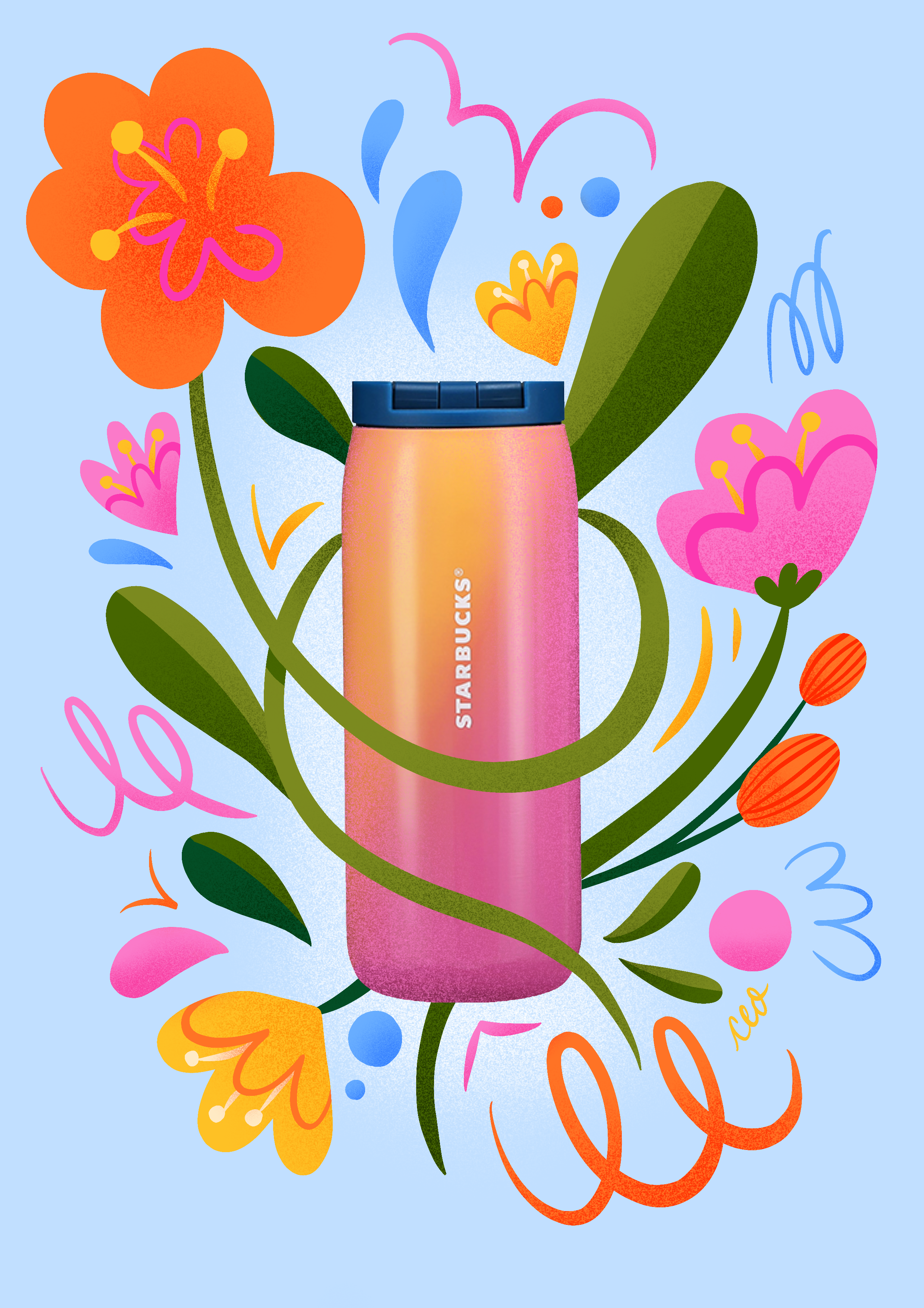 Typographic poster featuring the phrase 'Wild & free' in wavy hand-drawn lettering. The ampersand is exaggerated and white white the letters are red and pink with fun doodle stars, swirls and lines surrounding the composition